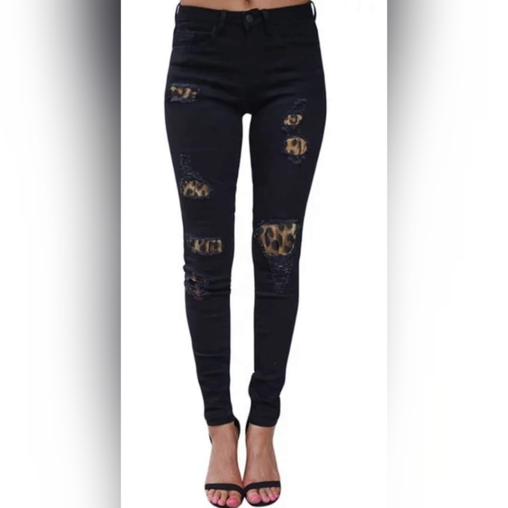 Leopard Distressed Black Jeans